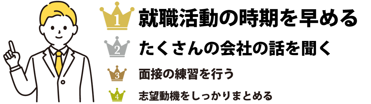 1位 就職活動の時期を早める 2位 たくさんの会社の話を聞く 3位 面接の練習を行う 4位 面接の練習を行う